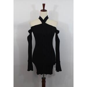 ANDREADAMO Sz L Large Black Ribbed Long Sleeve Halter Off Shoulder Dress